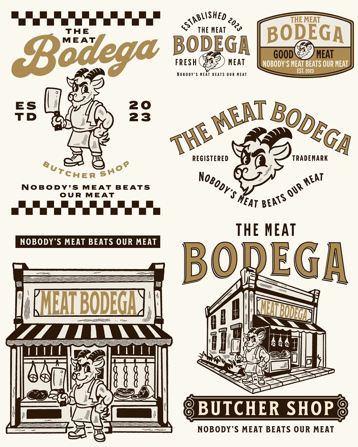 Instagram post: Goat butcher mascot and retro storefront logo set