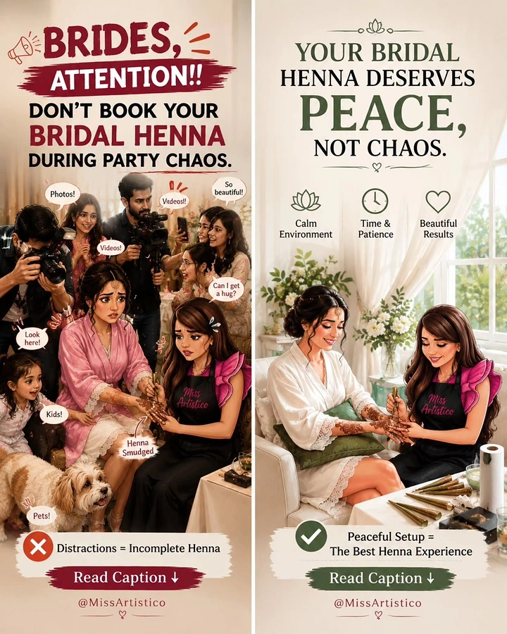 Mehndi & Henna Artists creative ad: Chaos-versus-peace bridal comparison