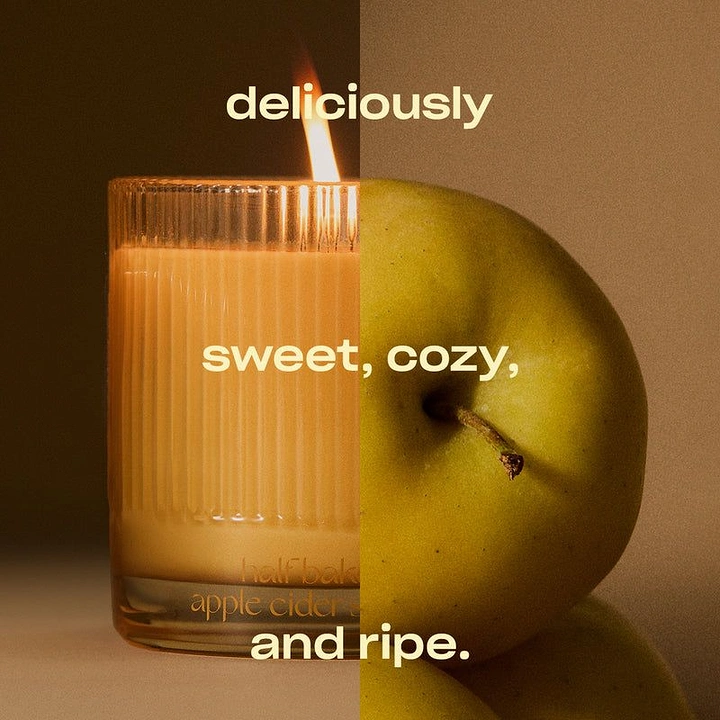 Candles & Home Fragrance creative ad: Split image of lit candle and green apple
