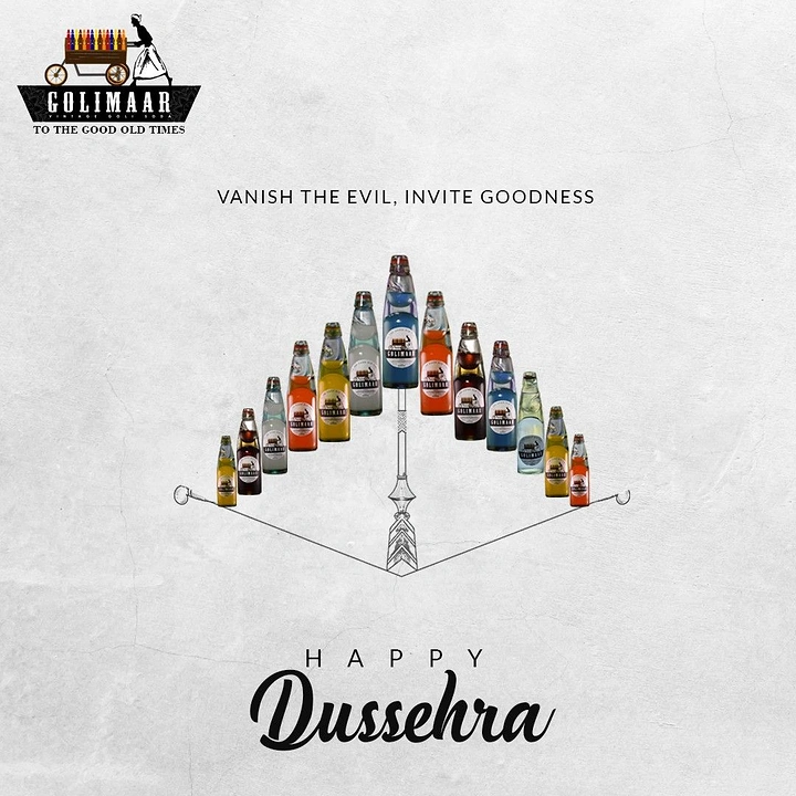 Dussehra creative ad: Rainbow of goli soda bottles forming a drawn bow and arrow