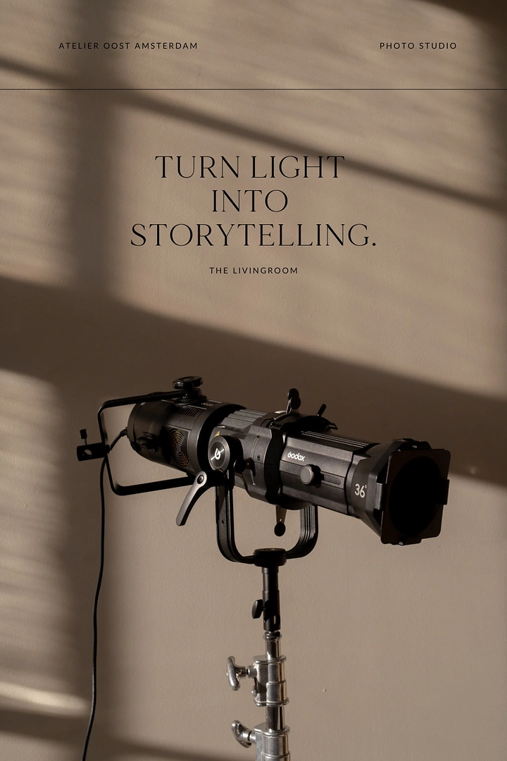 Photography creative ad: Studio spotlight and shadows embody light-storytelling line