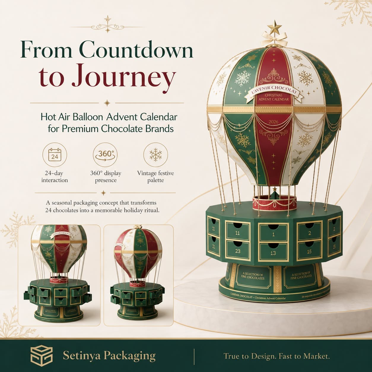 Christmas Carousel: Hot-air-balloon advent calendar packaging on a marble podium, slide 1
