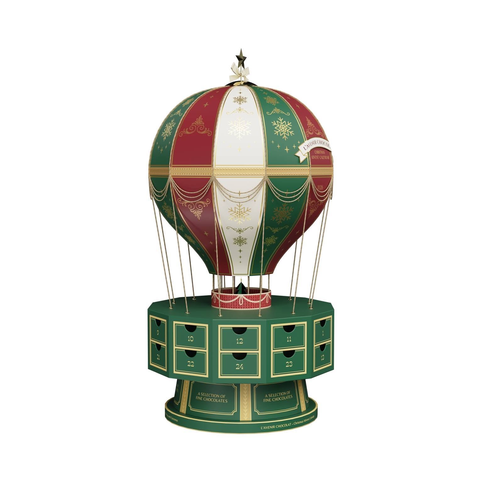 Christmas Carousel: Hot-air-balloon advent calendar packaging on a marble podium, slide 2