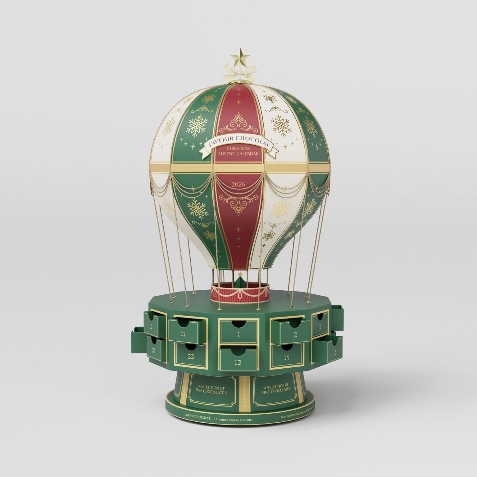 Christmas Carousel: Hot-air-balloon advent calendar packaging on a marble podium, slide 3