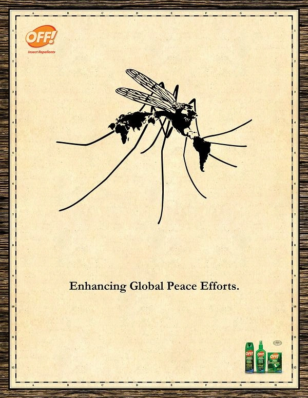 Pest Control creative ad: Mosquito silhouette whose body is formed from world map continents