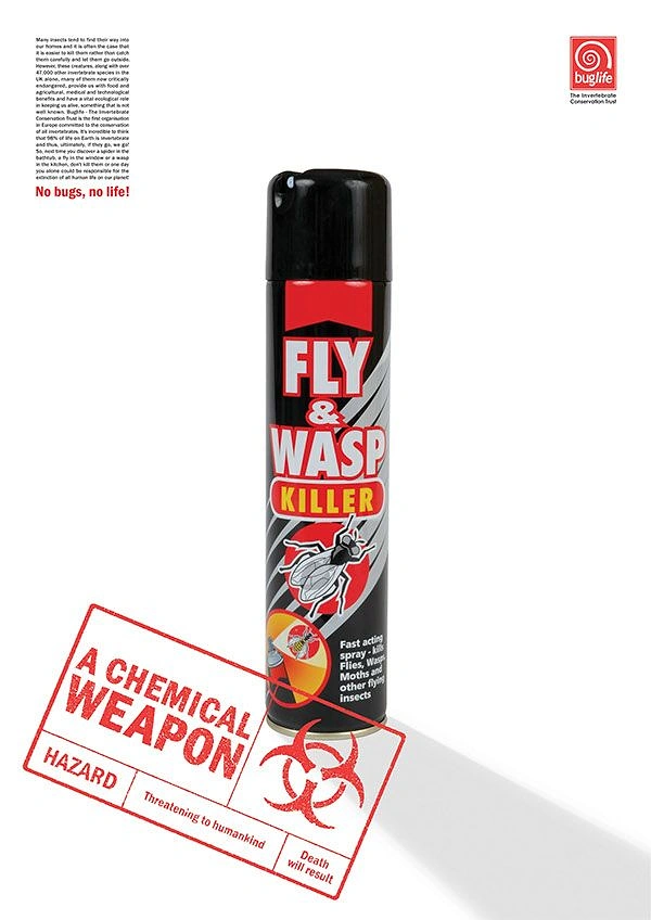 Pest Control creative ad: Spray can stamped as chemical weapon