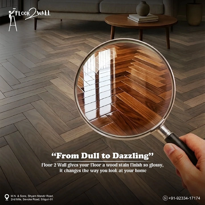 Paint Brands & Paint Shops creative ad: Hand holding magnifying glass revealing glossy polished herringbone floor