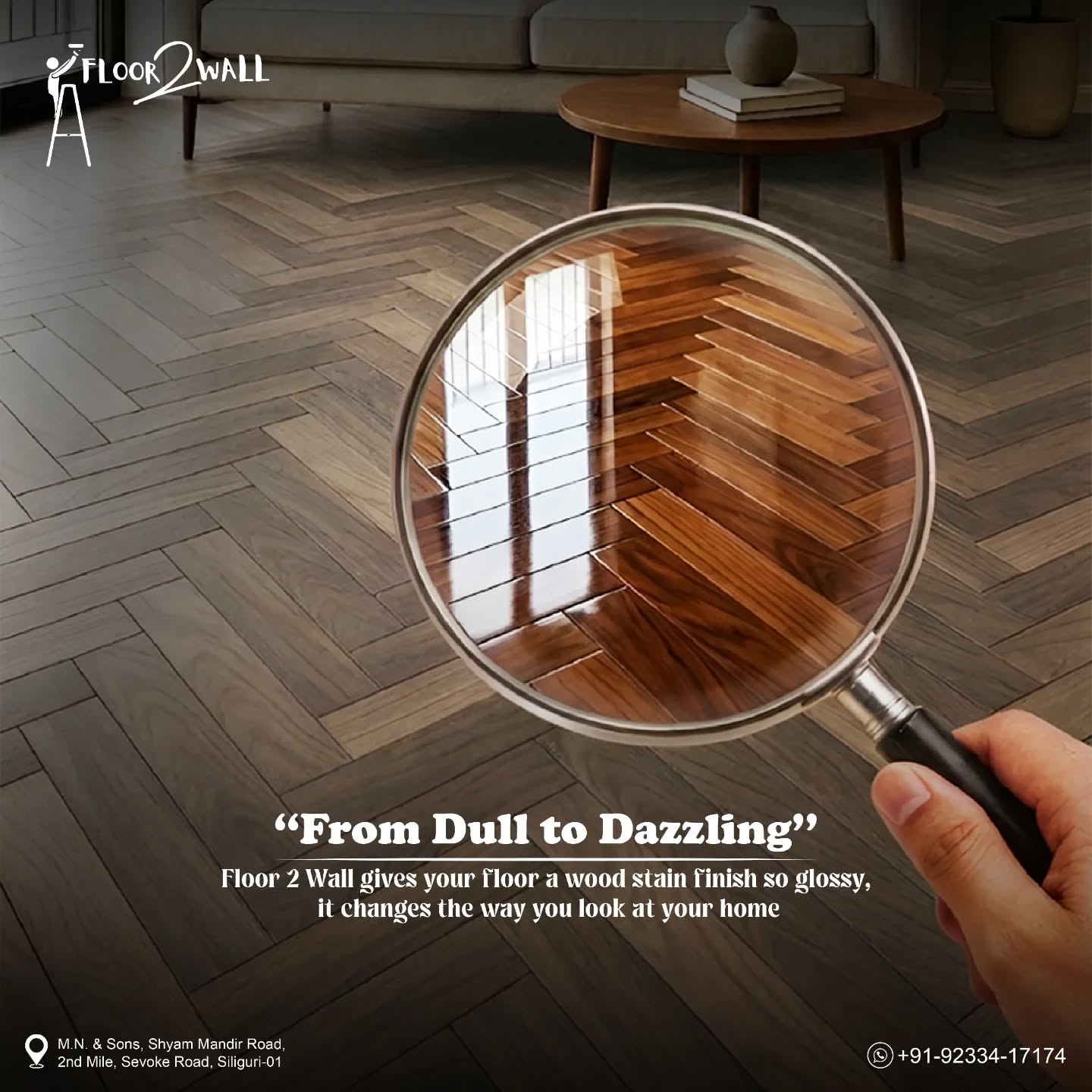 Instagram post: Hand holding magnifying glass revealing glossy polished herringbone floor