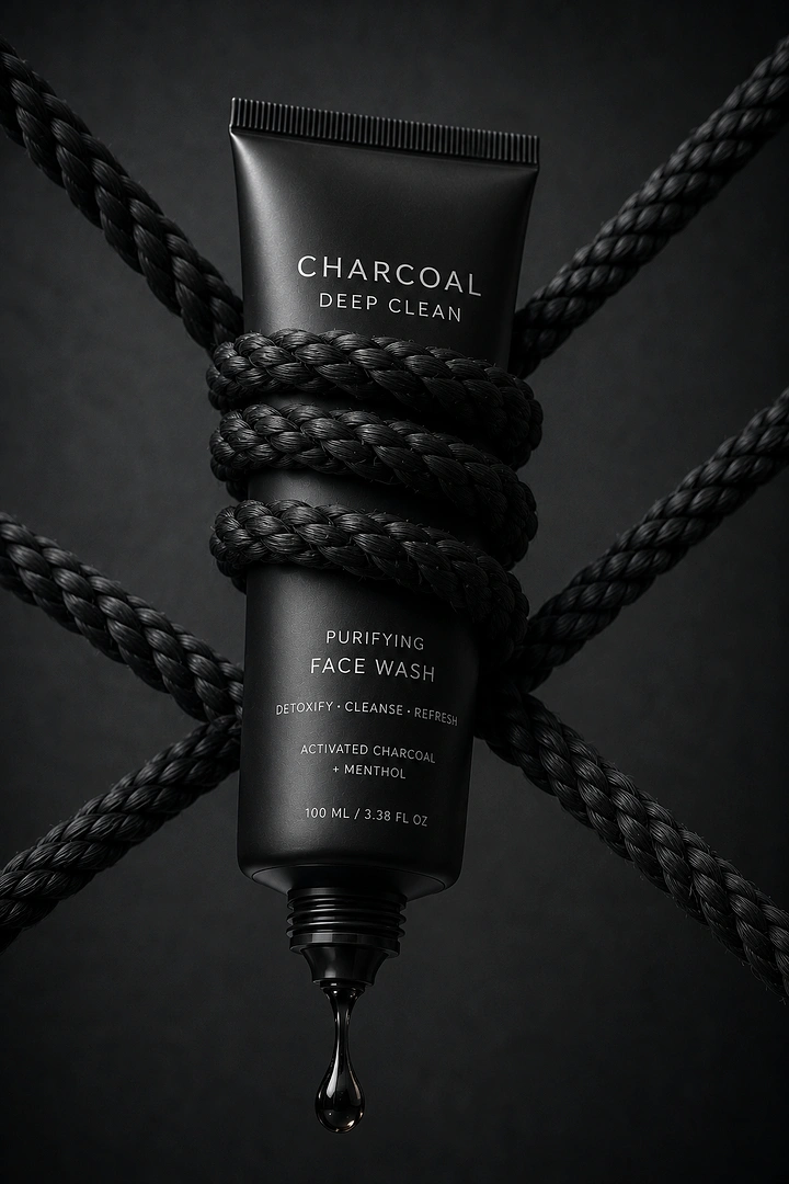 Beauty & Salon creative ad: Matte black face wash tube wrapped in black rope