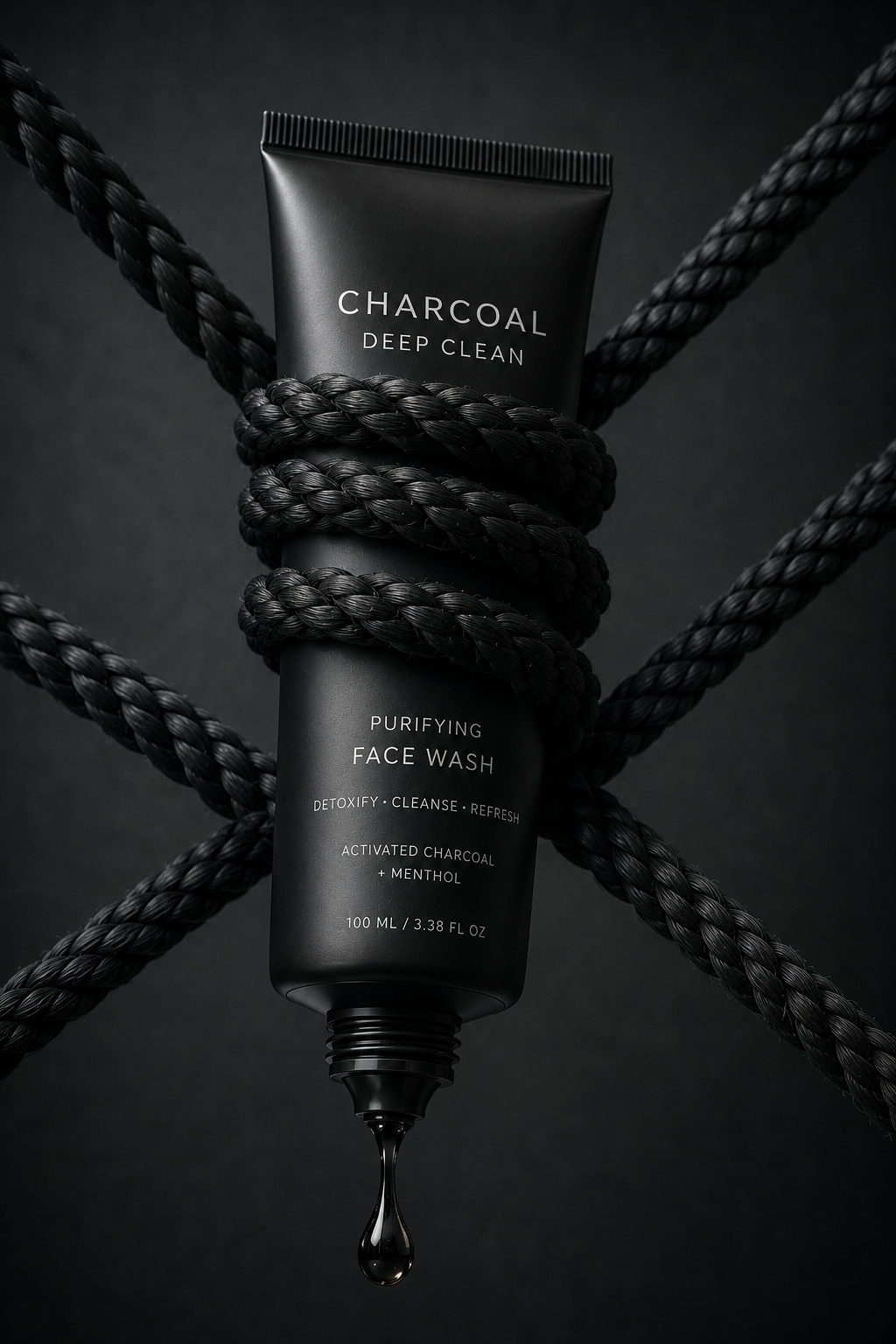 Instagram post: Matte black face wash tube wrapped in black rope