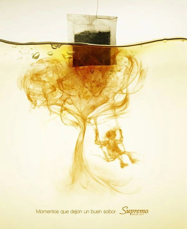 Tea & Chai Brands creative ad: Tea bag steeping, its infusion forming a tree with a child on a swing