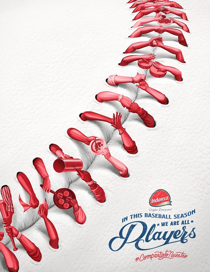 Food & Beverage creative ad: Baseball seam made of red arms sharing food