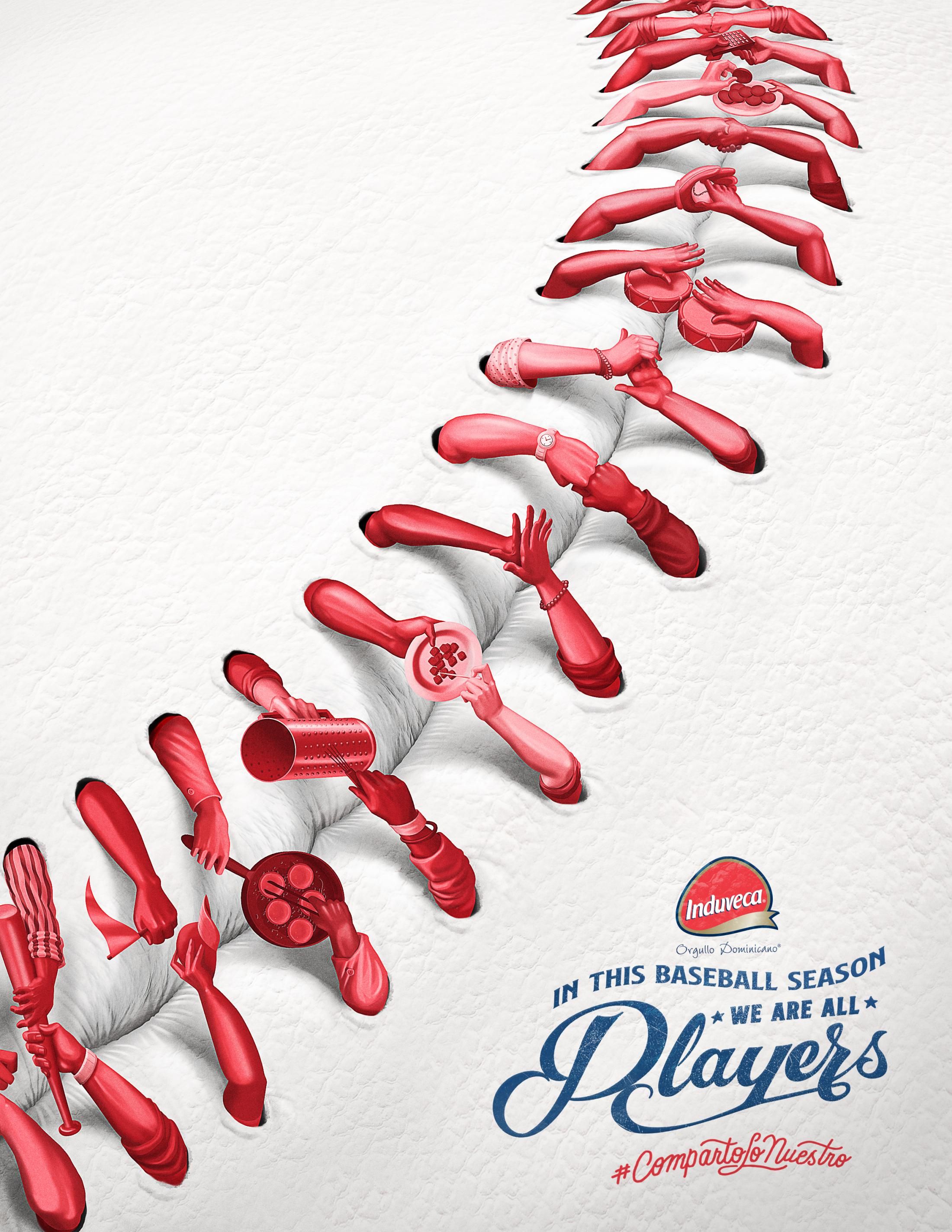 Baseball seam made of red arms sharing food