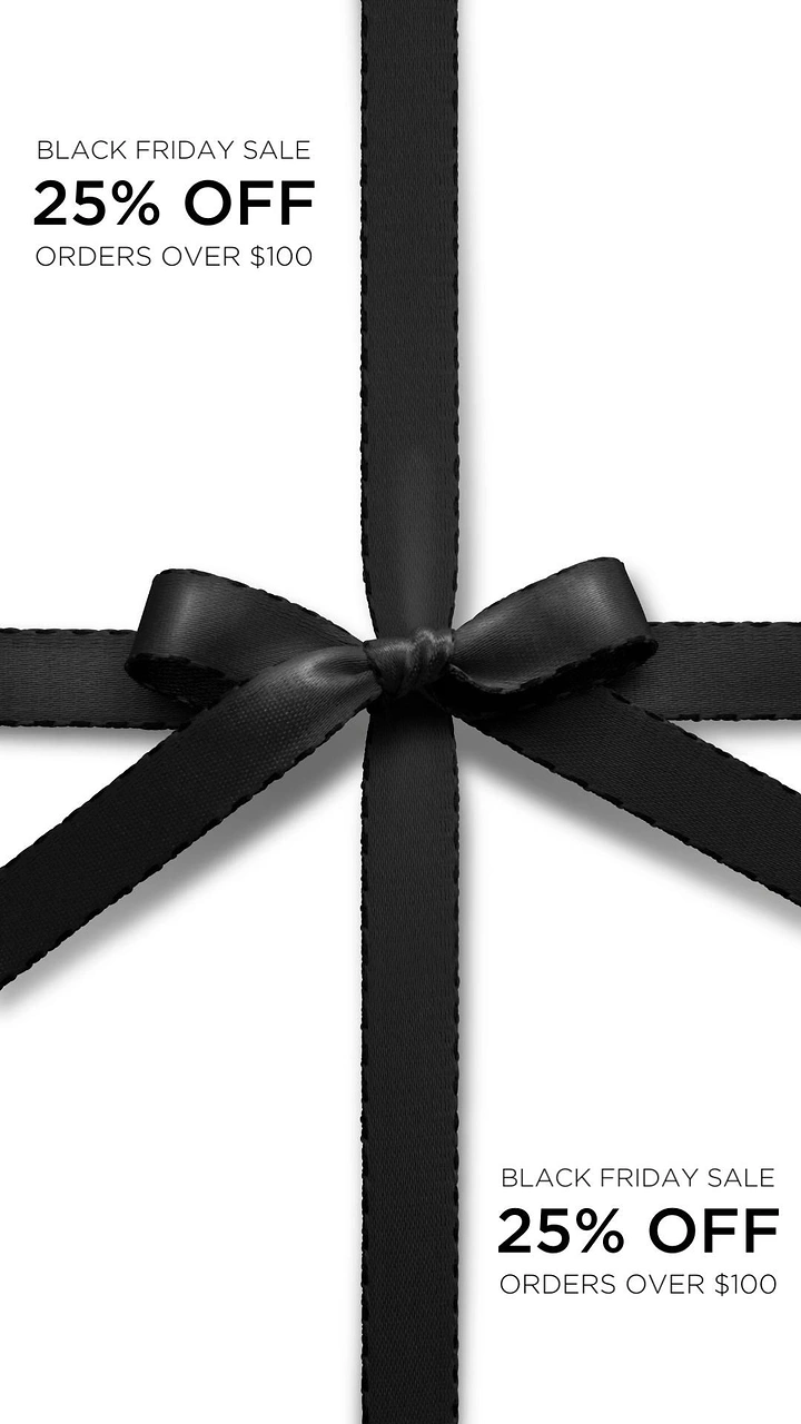 Black Friday creative ad: Black ribbon bow tied across a white gift