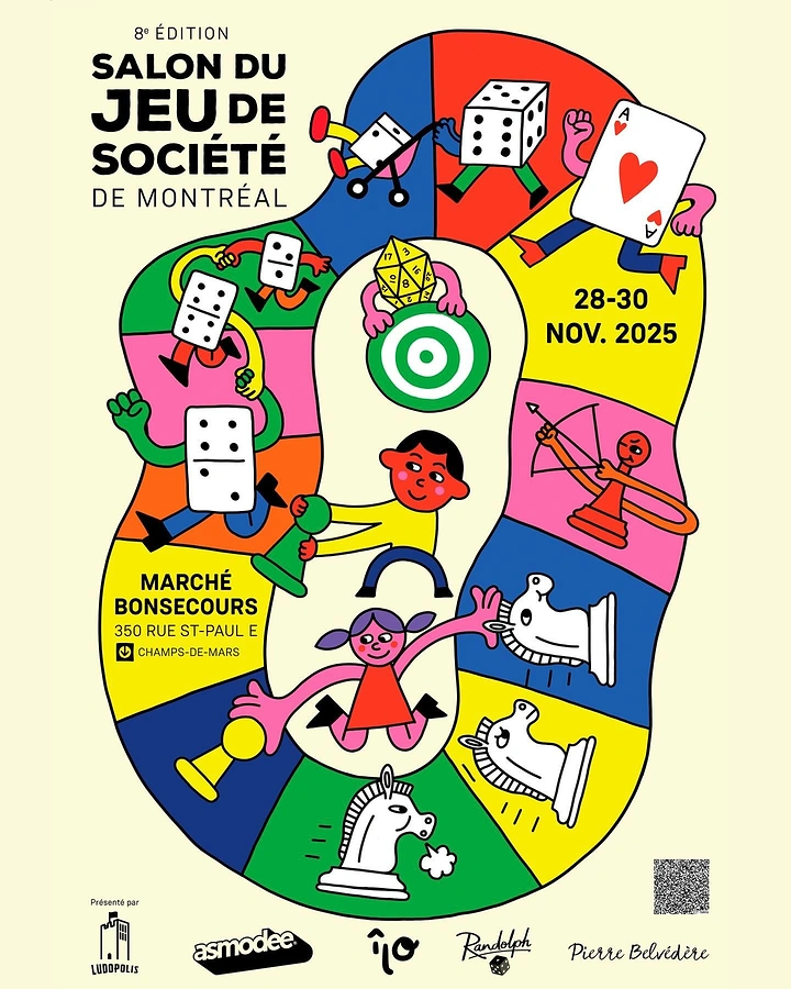 Board Games & Game Cafes creative ad: Illustrated board-game world promotes event