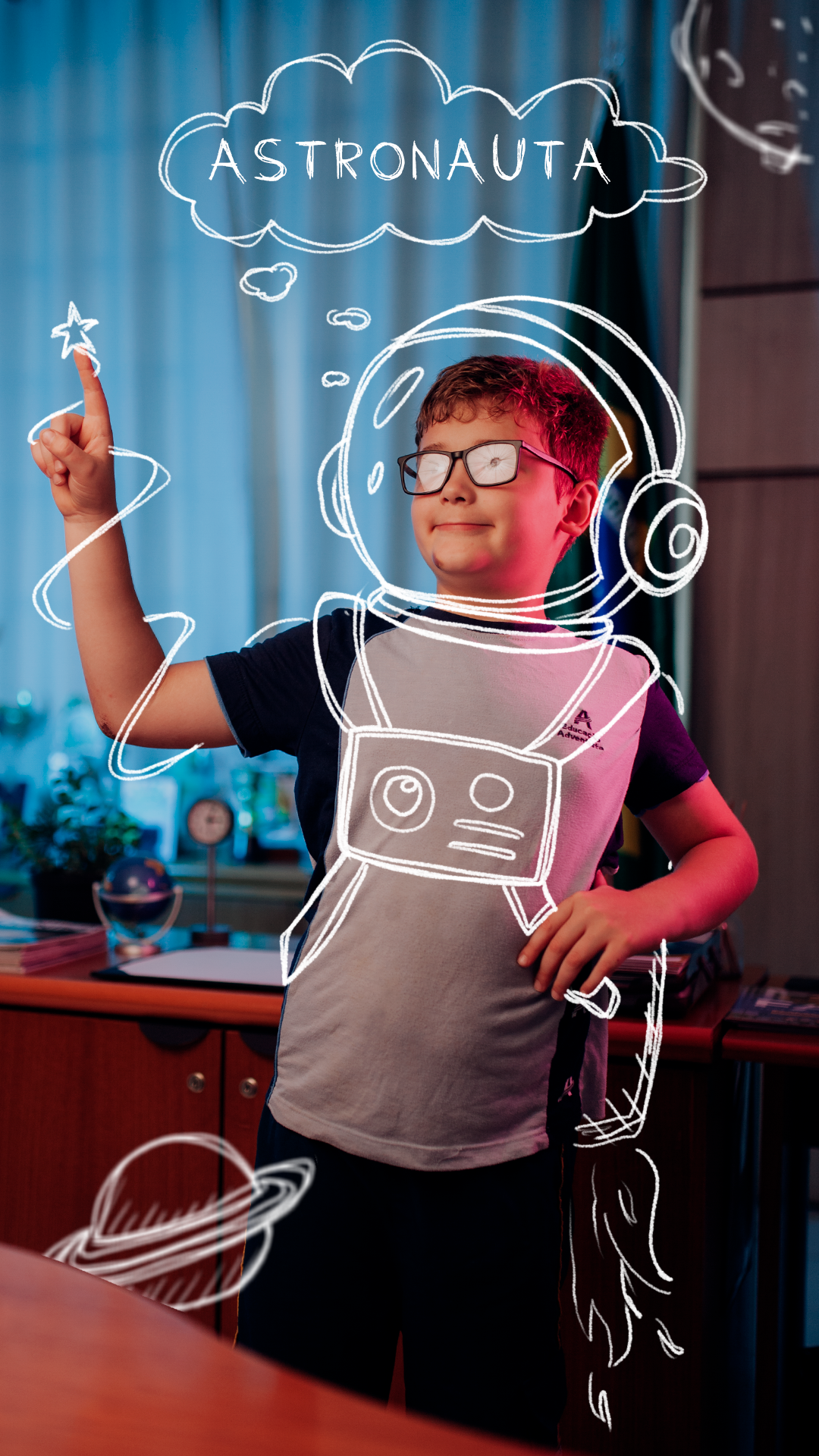 Boy overlaid with a hand-drawn astronaut suit doodle
