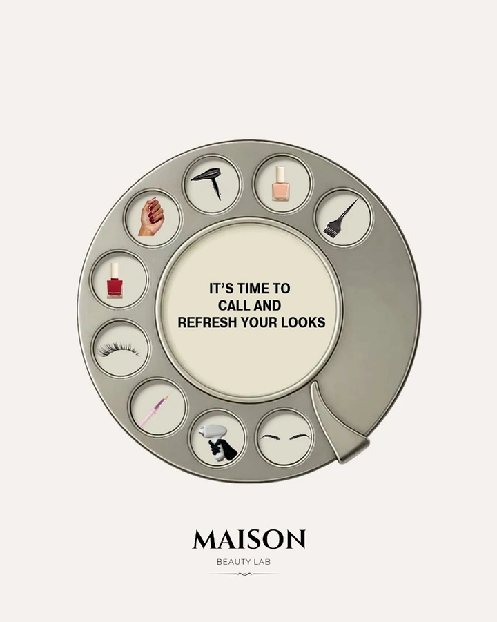 Beauty & Salon creative ad: Rotary phone dial with beauty service icons in finger holes