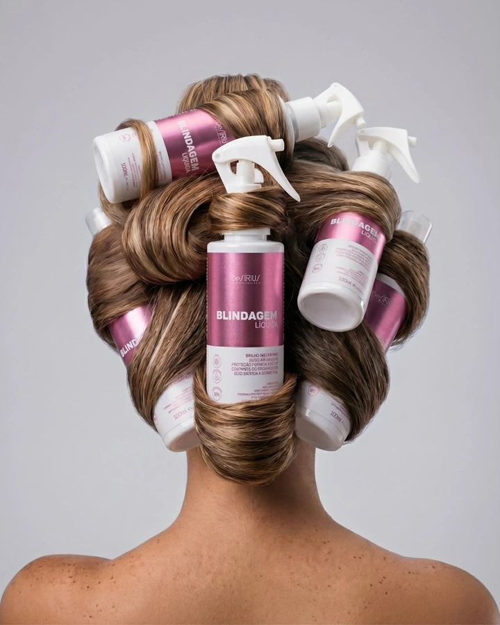 Beauty & Salon creative ad: Back of a woman's head with hair wound around spray bottles like rollers
