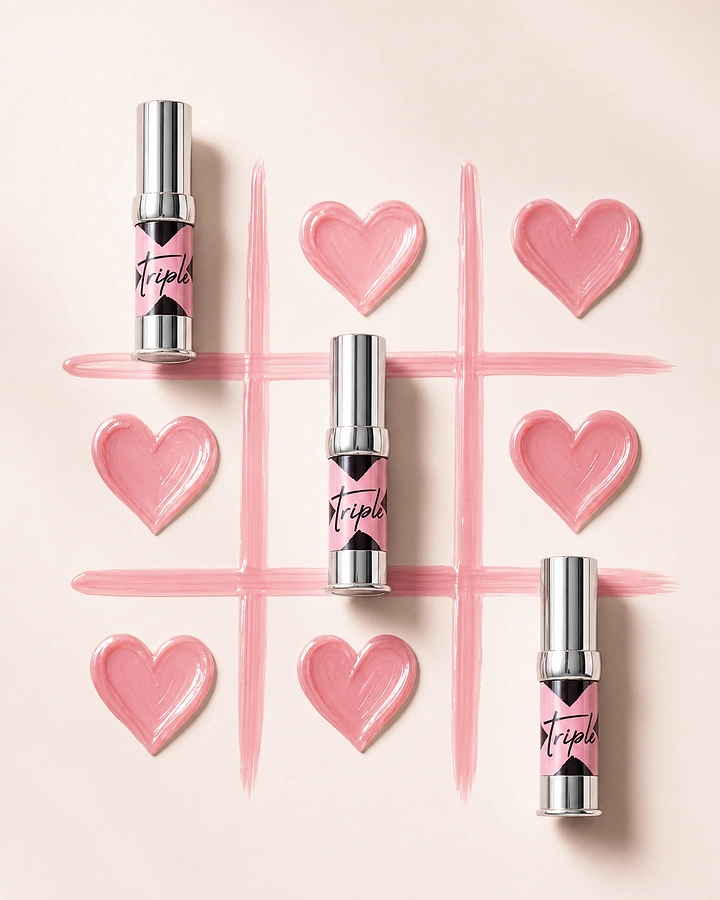 Valentine's Day creative ad: Lip product tubes and pink hearts forming a tic-tac-toe game