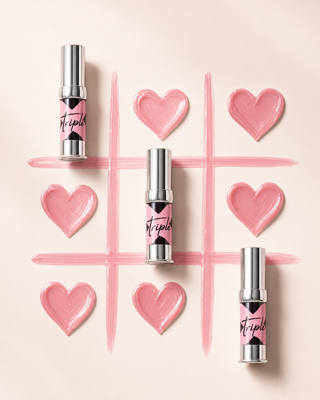 Lip product tubes and pink hearts forming a tic-tac-toe game