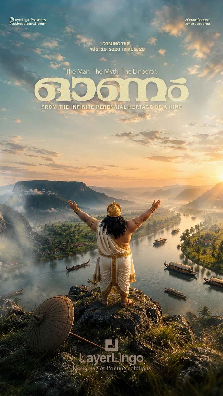Onam creative ad: Mahabali with arms raised on a cliff above the Kerala backwaters at sunrise