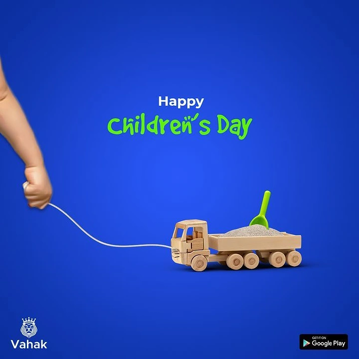 Children's Day creative ad: Child's hand pulling a wooden toy truck on a string