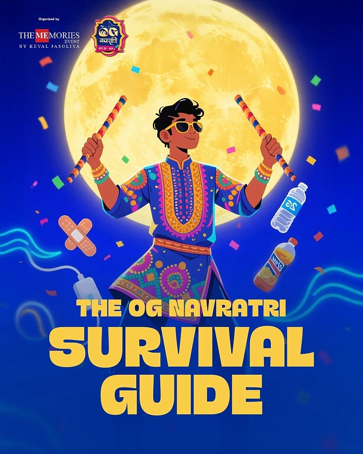 Navratri creative ad: Illustrated young man in sunglasses and kediyu raising dandiya sticks before a full moon