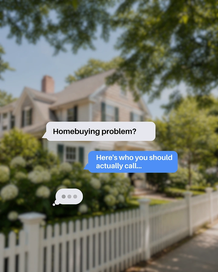 Mortgage & Home Loan Brokers creative ad: Blurred suburban house with picket fence behind text-message bubbles