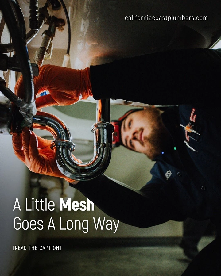 Plumbers creative ad: Moody photo with drain-mesh wordplay headline