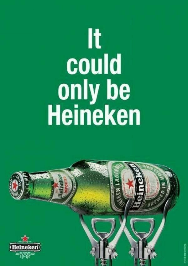 Creative ad: Dewy green beer bottle held up by two corkscrew bottle openers acting as legs