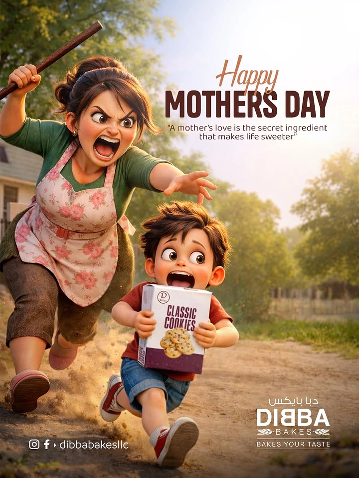 Mother's Day creative ad: 3D cartoon mum chasing a boy clutching a cookie box