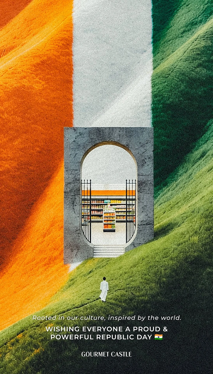 Republic Day creative ad: Tricolour grassy hills with a stone arch opening onto a grocery aisle