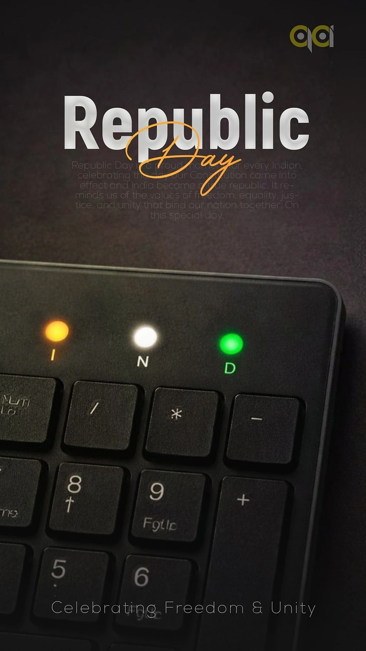 Republic Day creative ad: Close-up of black keyboard numpad with saffron, white and green indicator lights labelled I N D