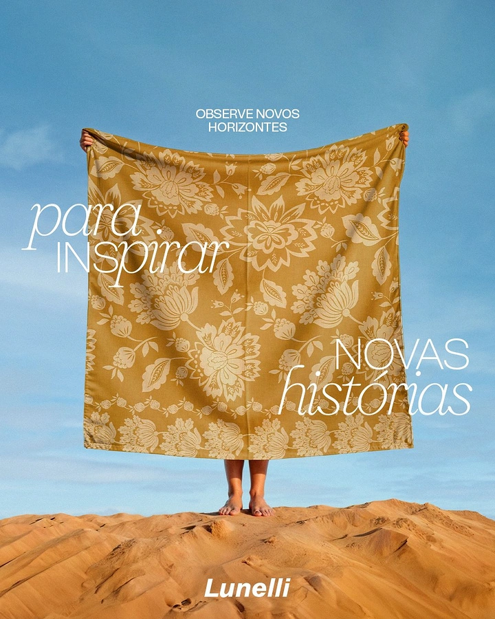 Home Decor creative ad: Person on a sand dune holding up a large mustard floral fabric