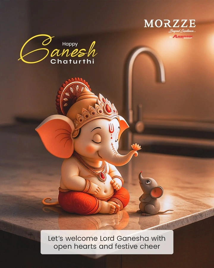 Ganesh Chaturthi creative ad: Cute clay baby Ganesha with mouse on a kitchen marble counter