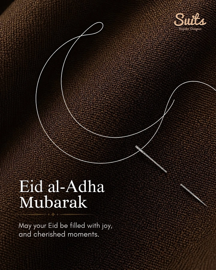 Eid creative ad: White thread forming a crescent moon, stitched into dark brown fabric with a needle