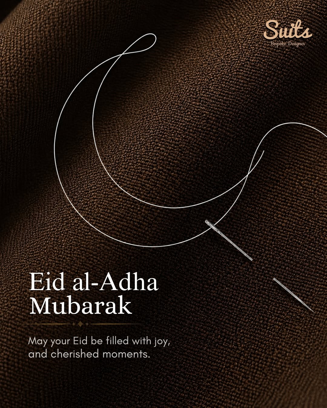 Eid Instagram post: White thread forming a crescent moon, stitched into dark brown fabric with a needle