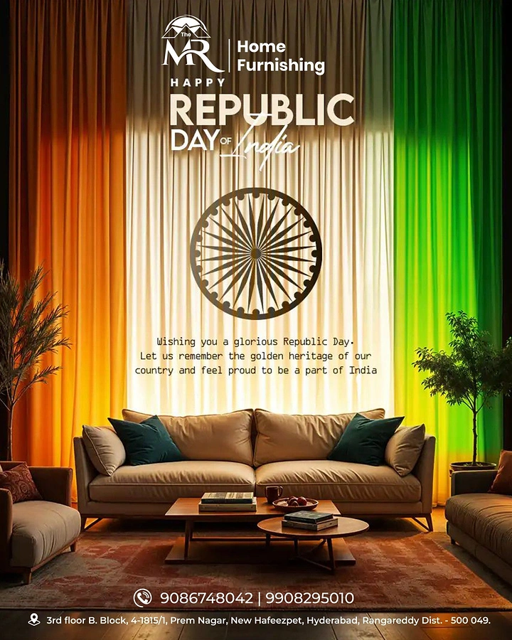 Republic Day creative ad: Living room with saffron-white-green curtains and Ashoka Chakra