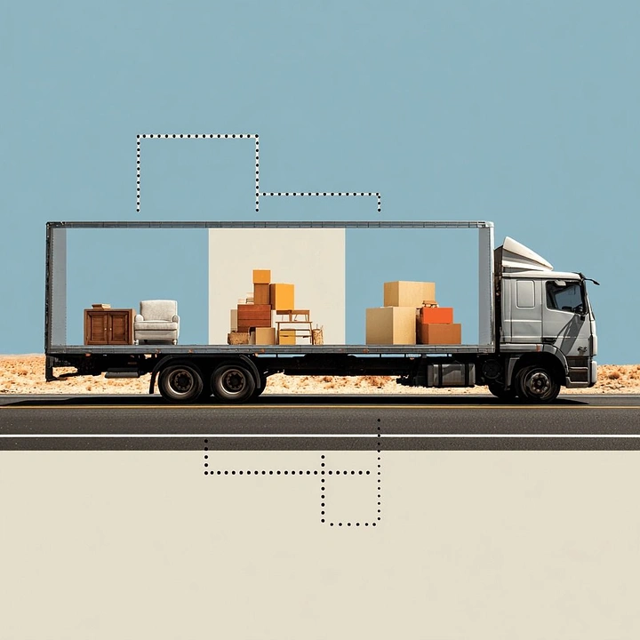 Movers & Packers creative ad: Dotted house outline packed into truck