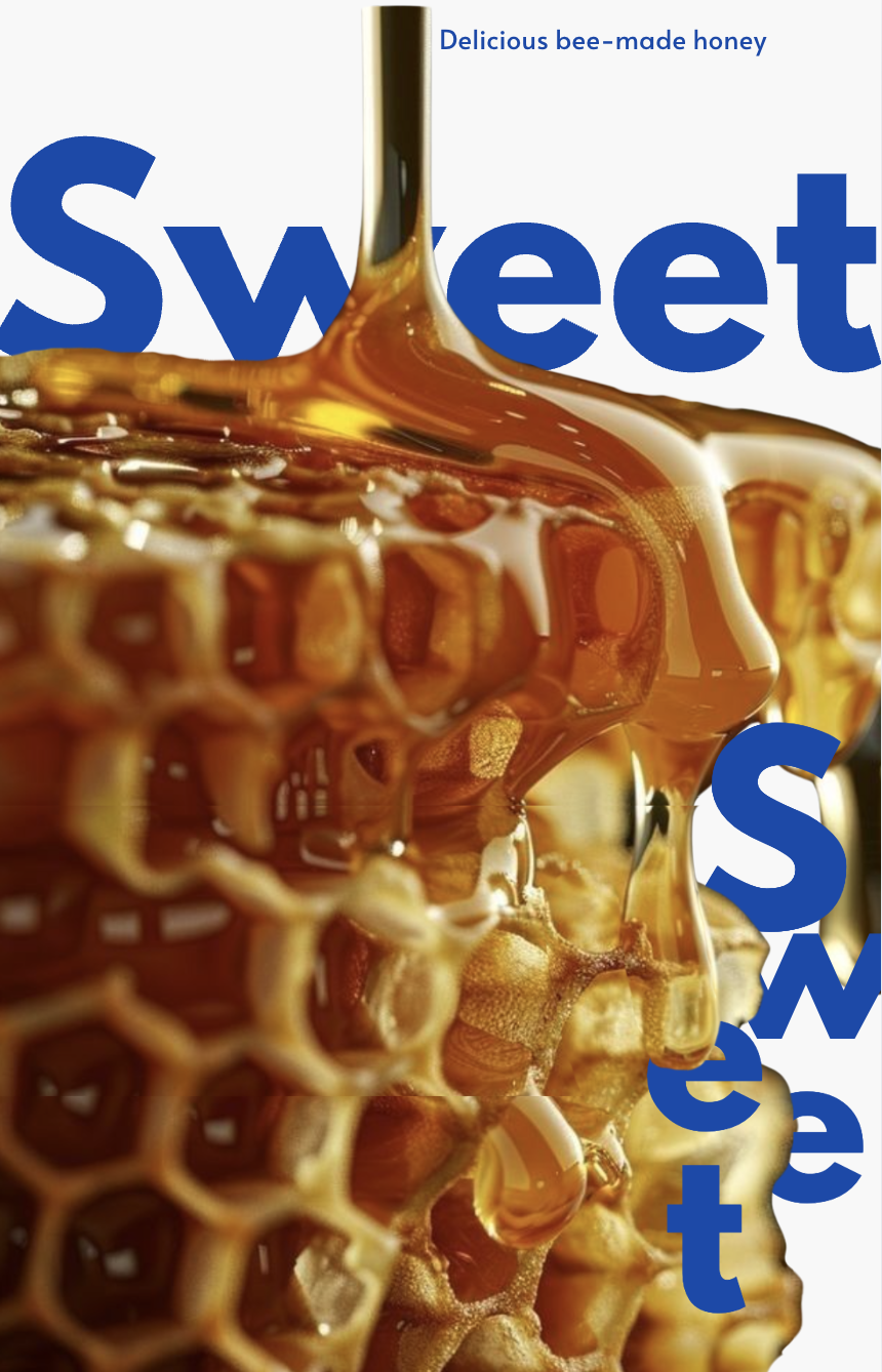 Story: Honey image integrated into oversized typography