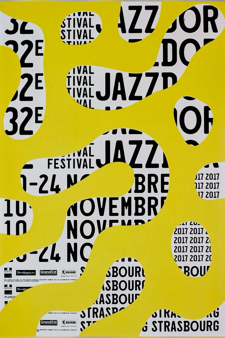 Music & Dance Classes creative ad: Repeated festival typography seen through blob-shaped holes in a yellow layer