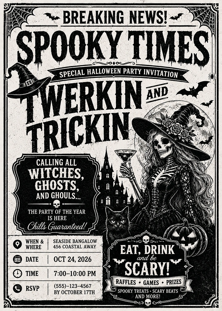 Halloween creative ad: Skeleton witch holding a cocktail beside a black cat and pumpkin