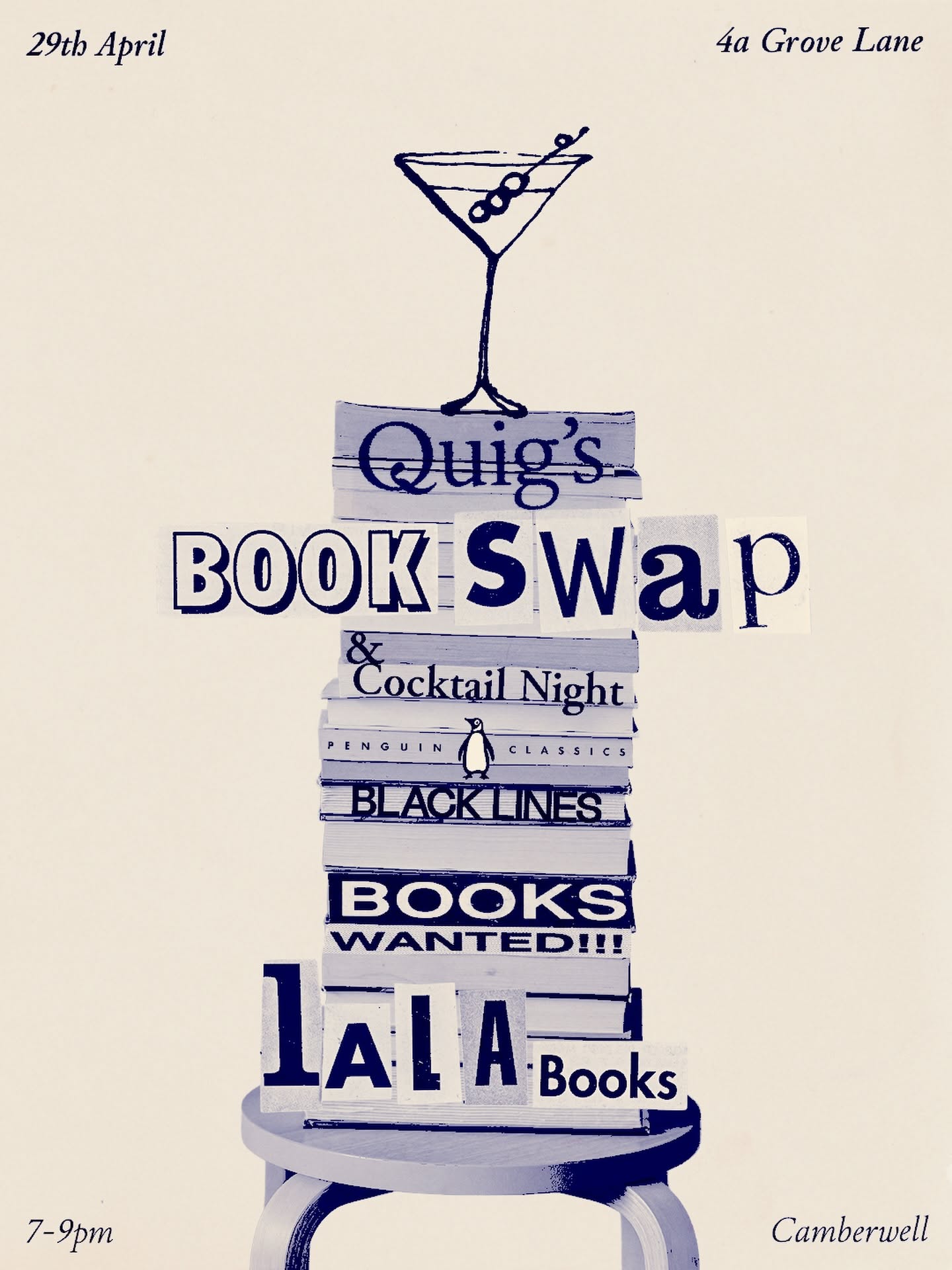 Stack of books on a stool topped by a hand-drawn martini glass