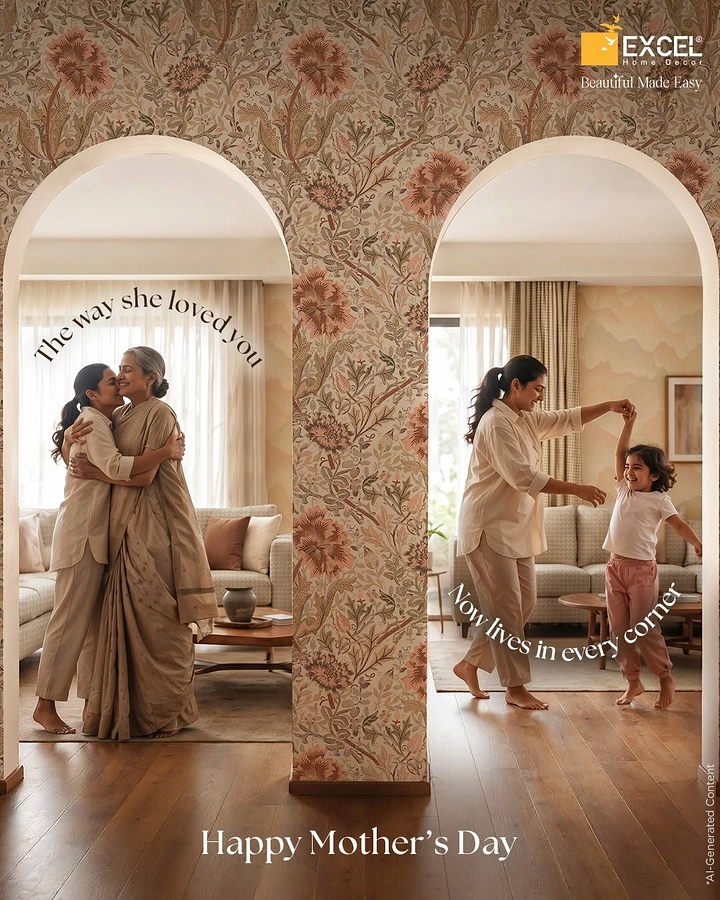 Mother's Day creative ad: Two arches showing grandmother hugging daughter and mother dancing with child