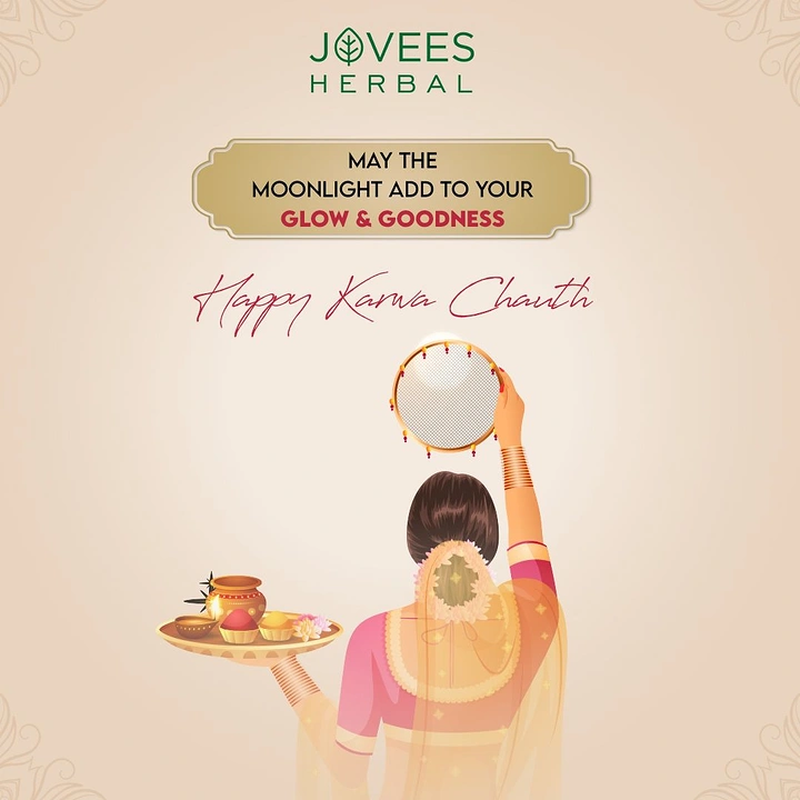 Karwa Chauth creative ad: Back view of an illustrated woman holding up a sieve and a puja thali