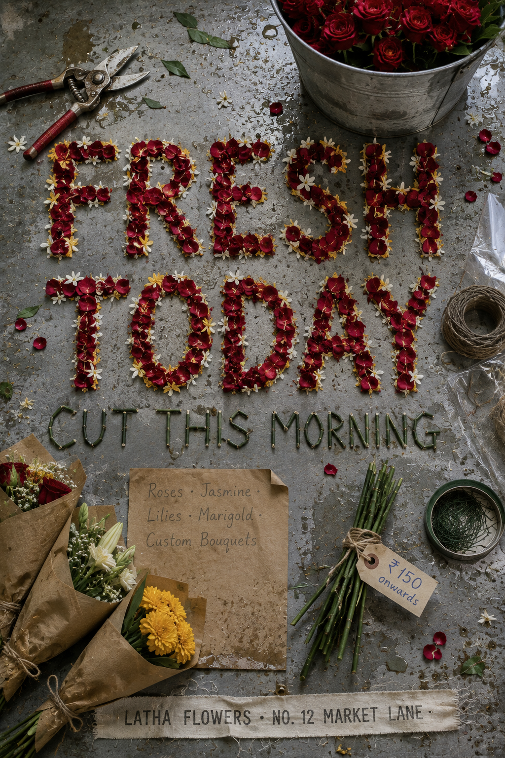 Poster: Headline spelled in red rose heads and jasmine on a galvanized metal surface