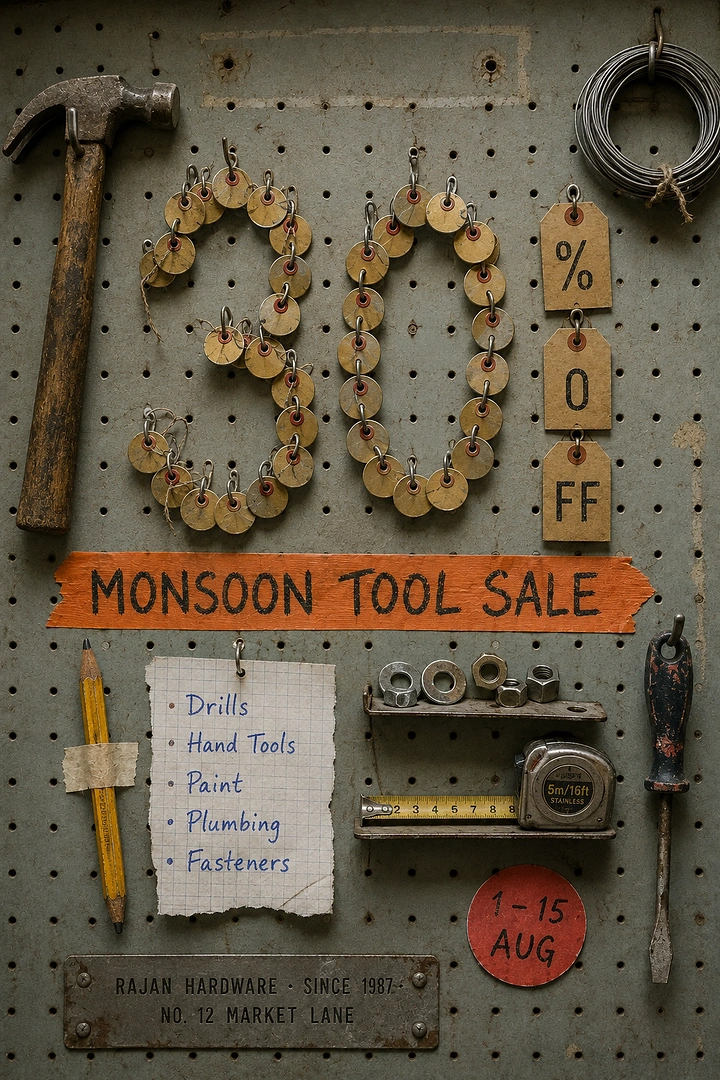 Hardware Stores creative ad: Pegboard with hanging brass tags forming a discount number, surrounded by tools