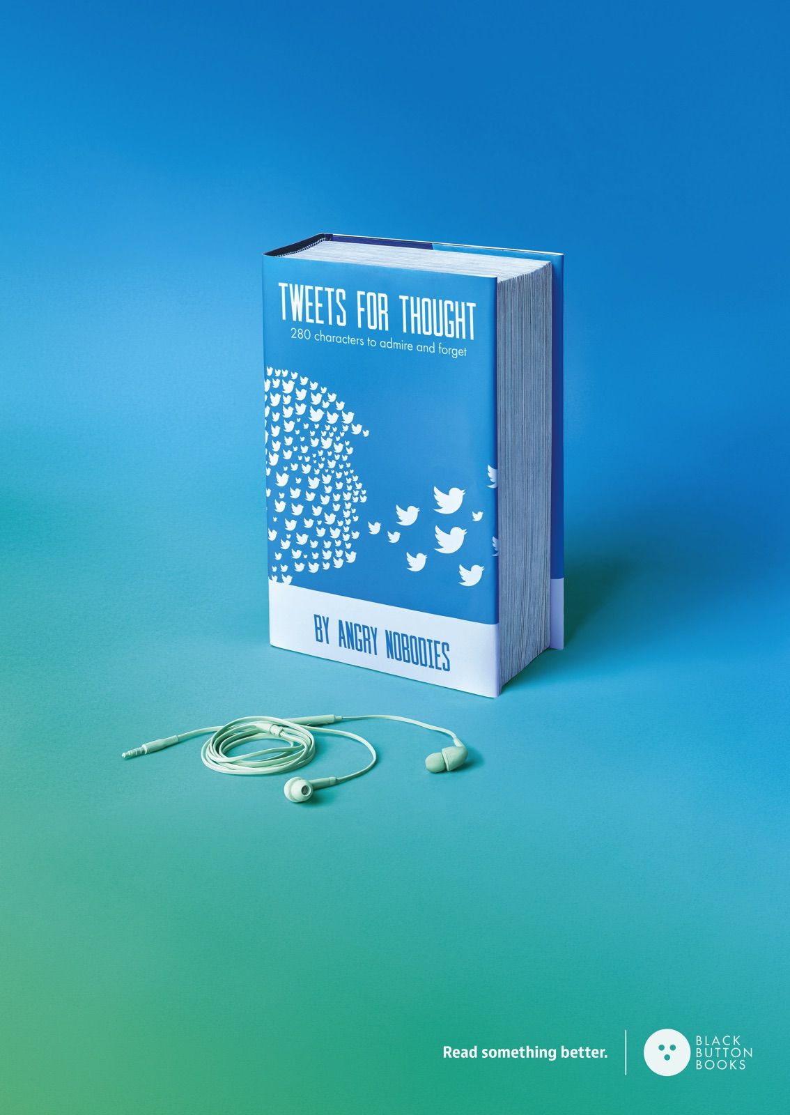 Thick hardcover book styled as a social-media tweet collection beside tangled earphones