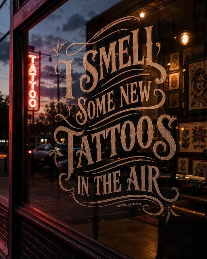 Tattoo Studios creative ad: Witty 'smell new tattoos' ornate lettering
