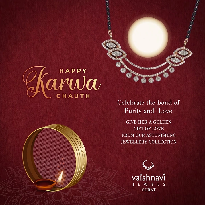 Karwa Chauth creative ad: Diamond mangalsutra pendant hanging beneath a glowing full moon